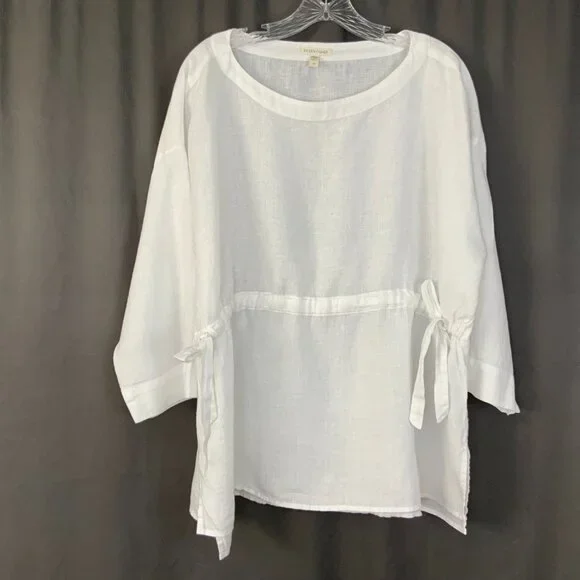 Eileen Fisher Handkerchief Linen Drawstring 3/4 Sleeves Top White Sz L - Picture 8 of 16